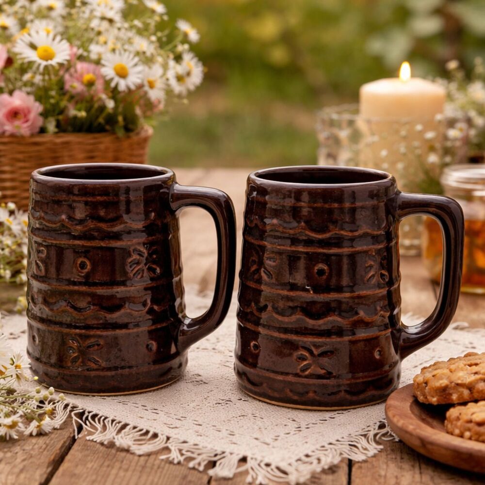 Mar-crest Daisy Dot Brown Stoneware Steins Coffee Mugs VTG USA 16 oz Set of 2
